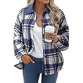 Dokotoo Womens Flannel Plaid Shacket Jackets Corduroy Collar Long Sleeve Button Down Fleece Jackets Warm Coat