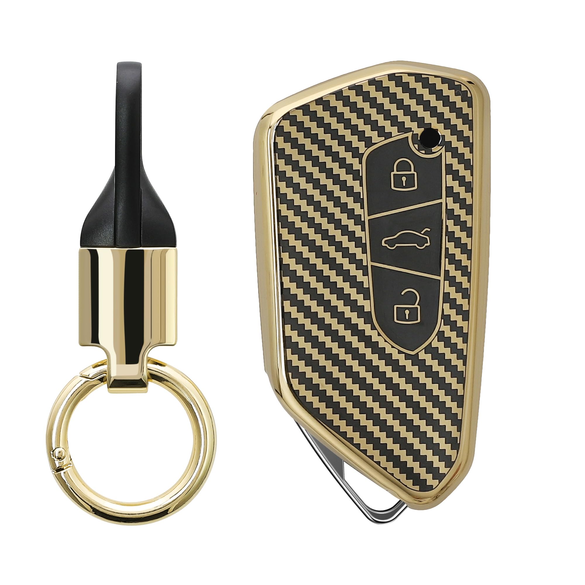 kwmobile Key Case Compatible with VW Golf 8 3 Button Car Key Key Fob Cover - Metallic Carbon Fiber Gold/Black