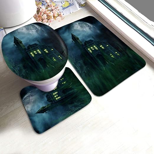 Amazon Com Love Animal Bathroom Rugs Sets 3pc Haunted House 3d Illustration Non Slip Bath Mats Rug U Shaped Contour Rug Toilet Lid Cover Mat Washable Floor Carpet Shower Tub Bathroom Accessories Decor