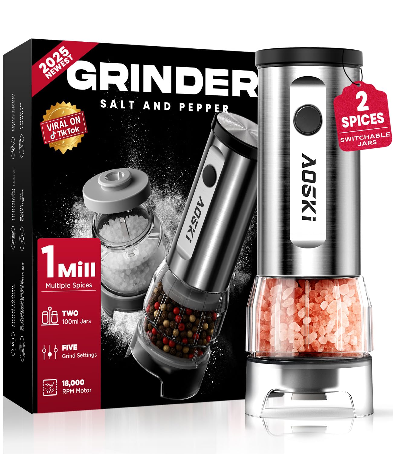 Photo 1 of *MINOR DAMAGE - USED*
Electric Salt and Pepper Grinder Set: 1 Grinder + 2 Replaceable Jars - Stainless Steel & Separate Hoppers - For Gourmet Sessions - Prevents Spice Mixing for Foodies (1 Grinder + 2 Jars)