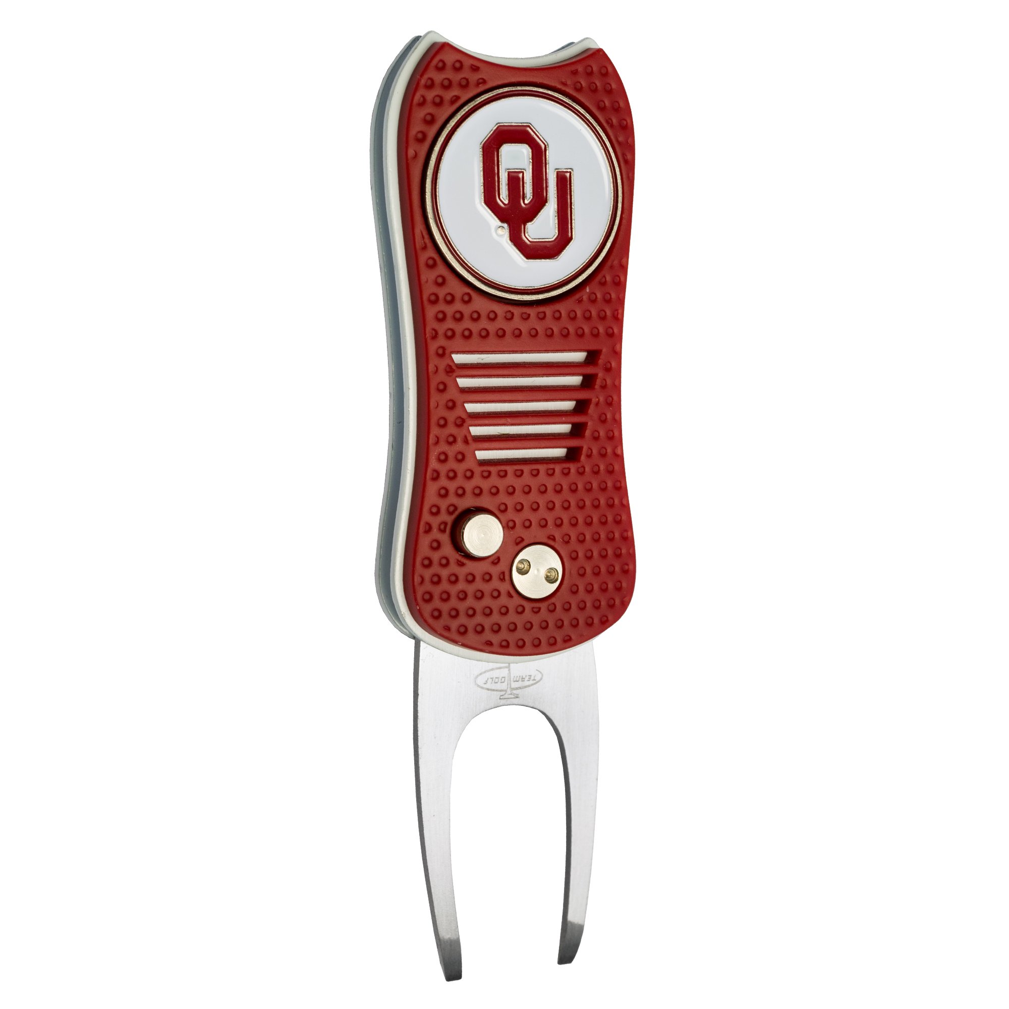 Team Golf NCAA Oklahoma Sooners Retractable Divot Tool with Double-Sided Magnetic Ball Marker, Features Patented Single Prong Design, Causes Less Damage to Greens