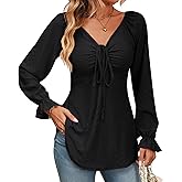 AMOMA Women Casual Tie Front Ruched Drawstring Long Sleeve Jacquard Shirt Elegant Flowy Tunic Tops(M,Black)