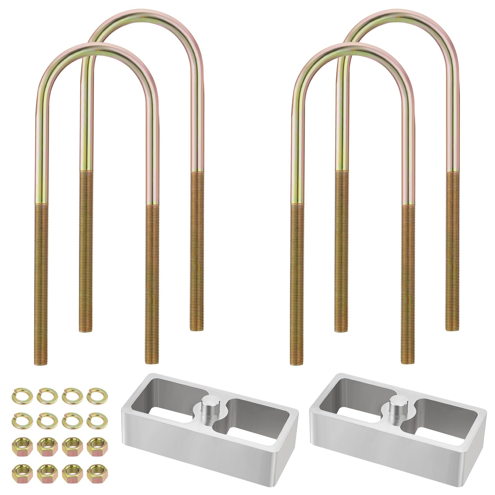 Photo 1 of Racewill 1-1/2 inch Universal Leaf Spring Lowering Block Kits, 5" Length x 2-1/3 Width Blocks, with 4 Pack Heavy Duty Galvanized U-Bolts