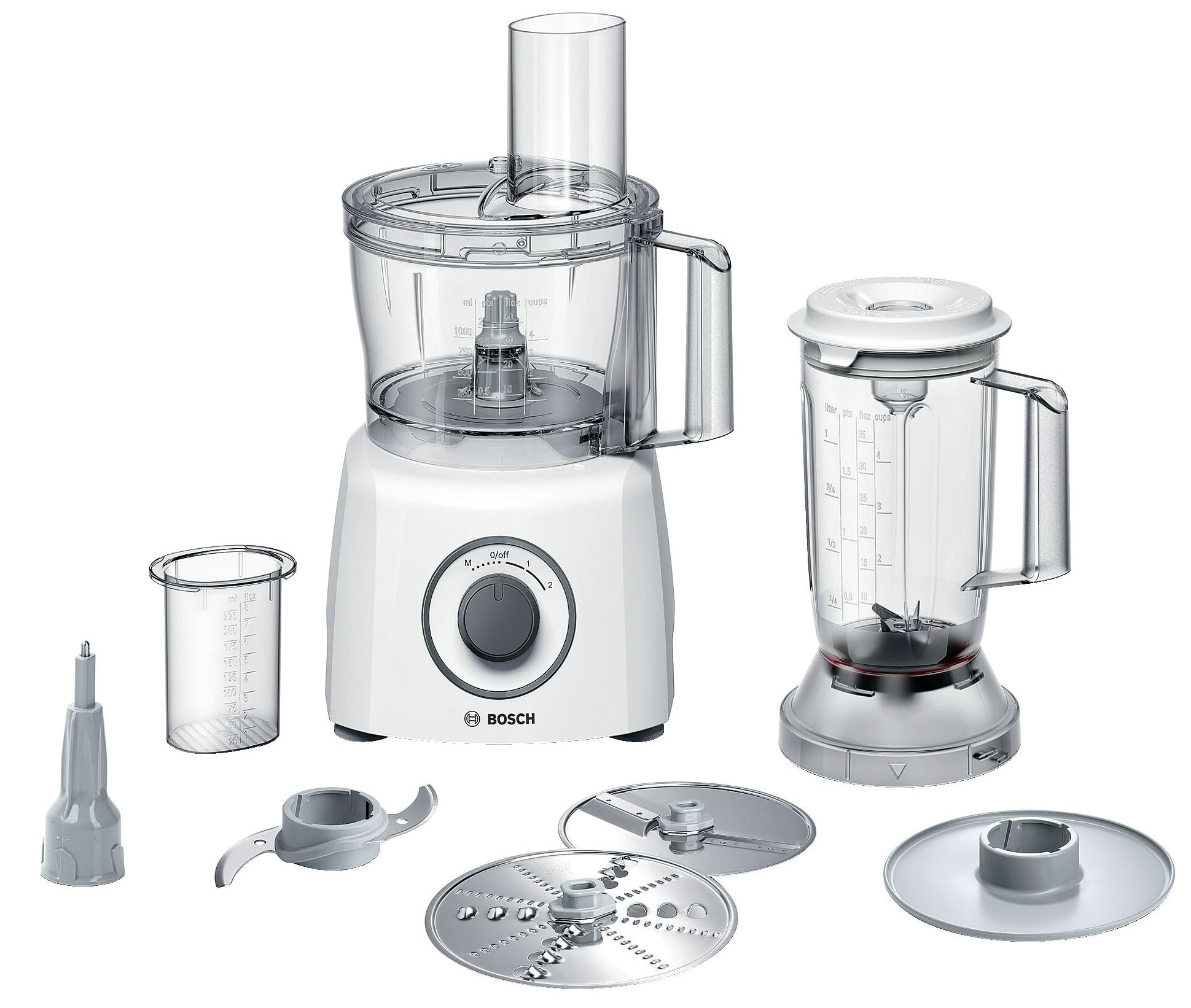 Bosch Kompakt-Küchenmaschine Multi Talent 3, 30 Funktionen, Universalmesser, Schneide/ Raspeln, Schlagscheibe, Rührschüssel 2,3 L, Mixer 1,0 L, weiß, 800 W, kleine Küchenmaschine, MCM3200W