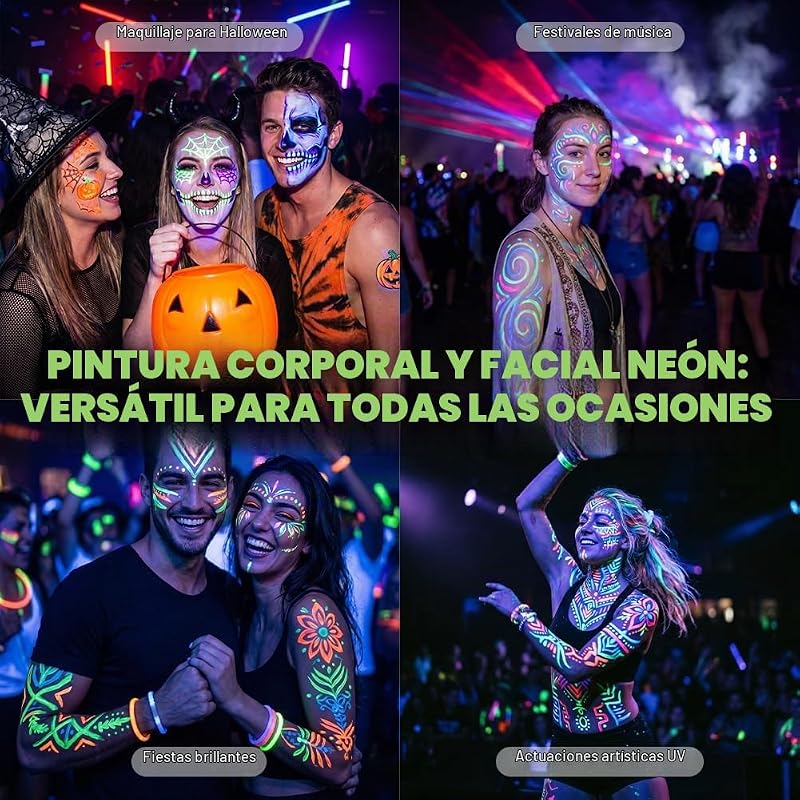 Pintacaras Infantil, 12 Colores UV Fluorescente Pintura Cara Niños Hipoalergenica, Pintura de Cara de Neón Brillante UV, Rotuladores Corporales para Piel Punta Individual para Halloween Carnaval — foto 7 de 8