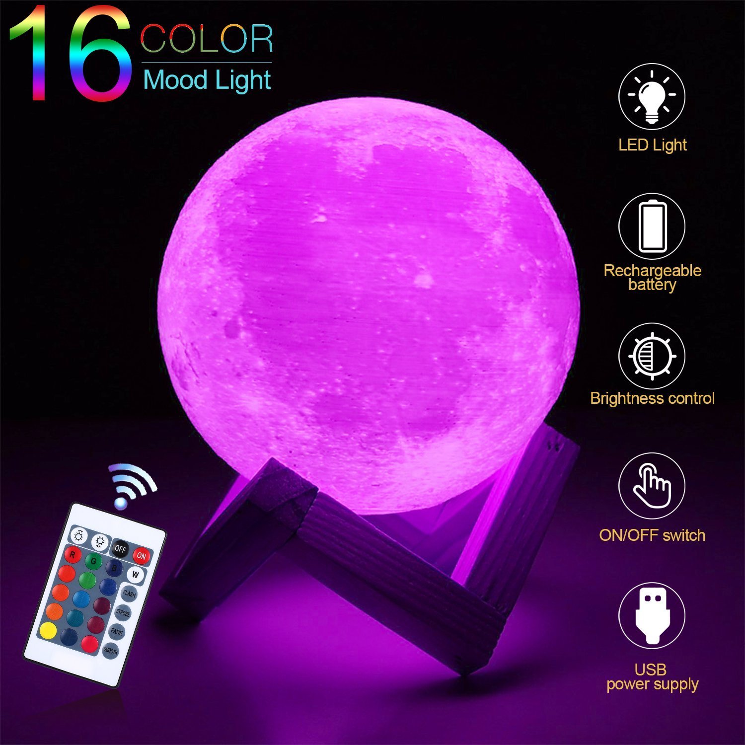 Lampada Lunare 3D con Telecomando，Notturna Lampada da Comodino con Usb Ricaricabile, Lampada Colorata Ottima per Bambino e Regalo (Diametro 12cm)