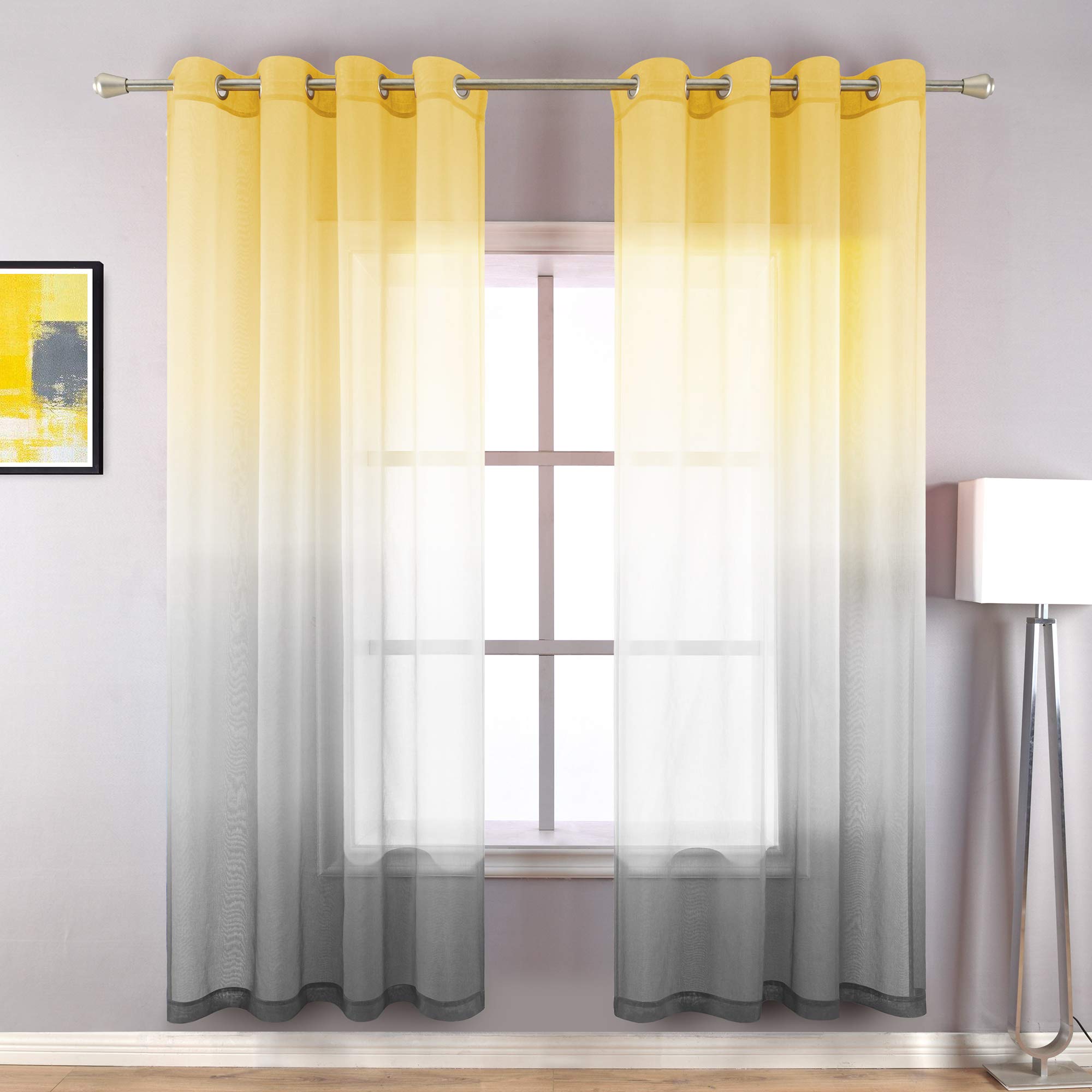 KOUFALL Sheer Living Room Curtains 72 Inches Long,Decorative Patterned Curtains for Dining Room Windows Livingroom with Grommets,52x72 Inch Length 2 Panels Set,Yellow