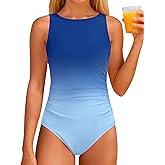 CRISONE Girls Swimsuit High Neck Girls Bathing Suit Cross Back Ruched Gradien One Piece Girl Swimwear 9-16Y