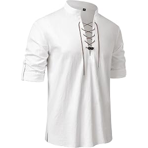 DEMEANOR Renaissance Shirt Men Pure Cotton Lace Up Medieval Pirate Costume | Cosplay,Halloween,Viking Knight,Ren Faire Top,Vi