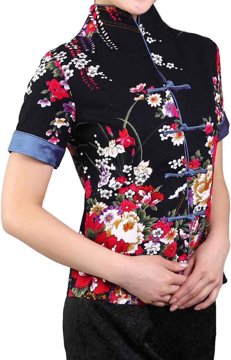 Women's Cotton Linen Short-Sleeve Chinese Shirt with Flower Print
