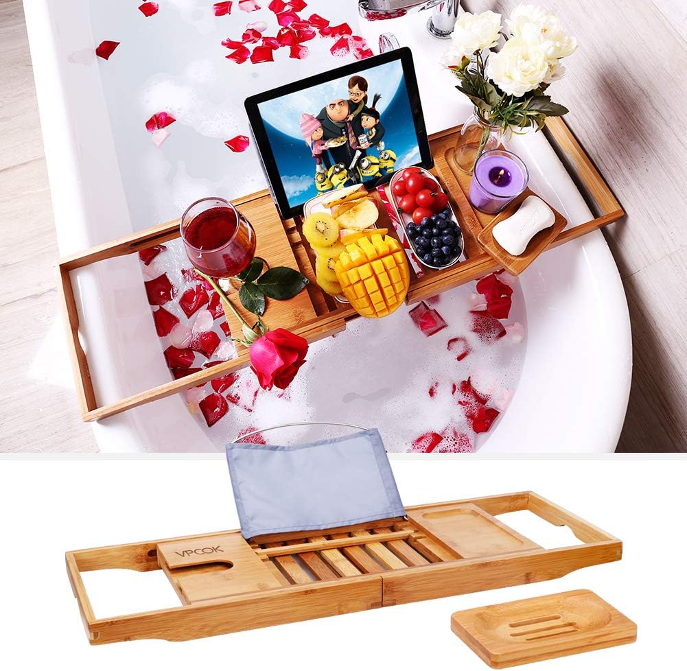 VPCOK Bath Tray Adjustable Bath Shelf Fits Most Bathtub, Bamboo Bath Caddy with Free Soap Holder, Eco-friendly Bathtub Tray, Bath Table for Tablet, Kindle, Smart Phone, Book Frame, Wine Glass Holder
