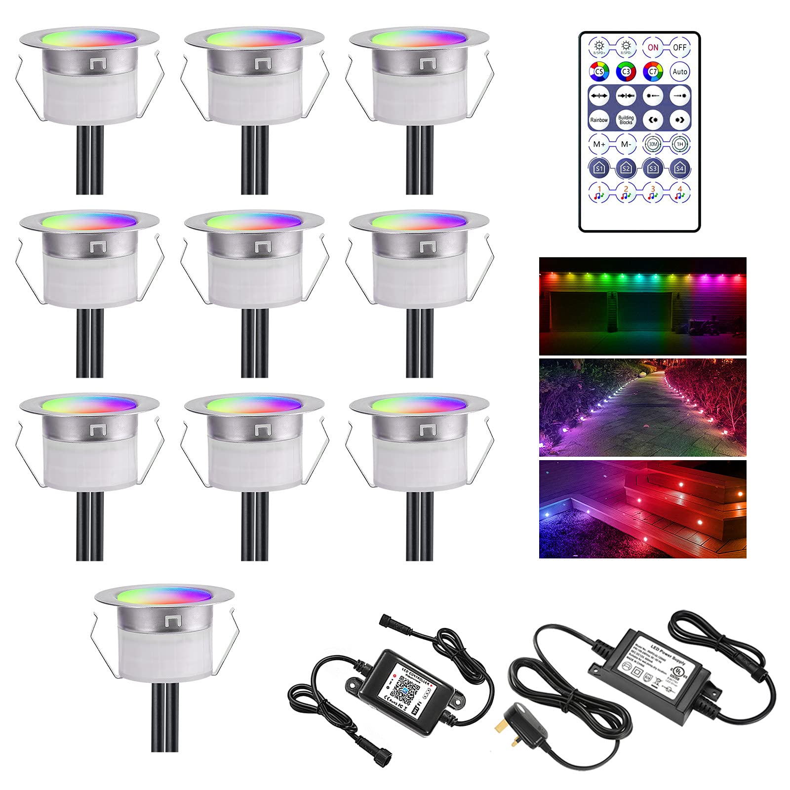 GEYUEYA Home RGB Led Decking Lights Outdoor,LED Deck Light (RGBIC+WW) IP67 Waterproof Ø45MM WiFi Controller+12V Work with Alexa/Google Assistant Plinth Deck Lights for Yard,Garden,Patio,Stair-10 Pack