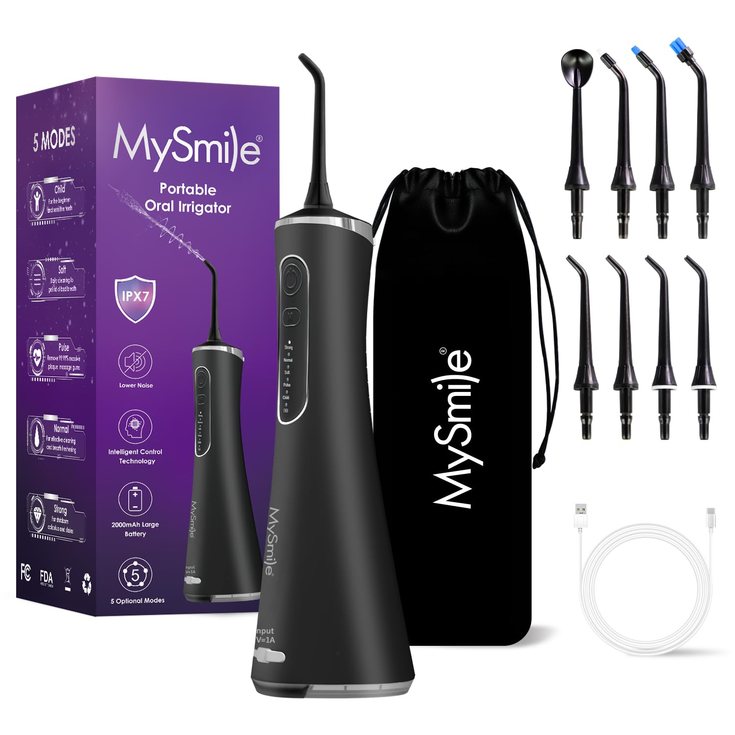 MySmile Water Dental Flosser for Teeth Cordless Oral Irrigator 5 Cleaning Modes 8 Replaceable Jet Tips IPX 7 Waterproof USB Rechargeable Water Dental Picks for Teeth Cleaning with PU Bag Black