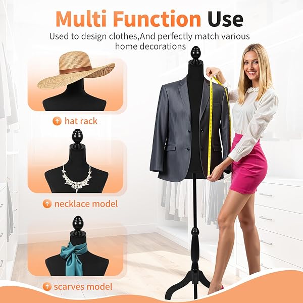 FDW MANIKIN 60”-67”HEIGHT ADJUSTABLE FEMALE DRESS MODEL DISPLAY TORSO BODY TRIPOD STAND CLOTHING FORMS (BLACK, 60-67 INCHES)