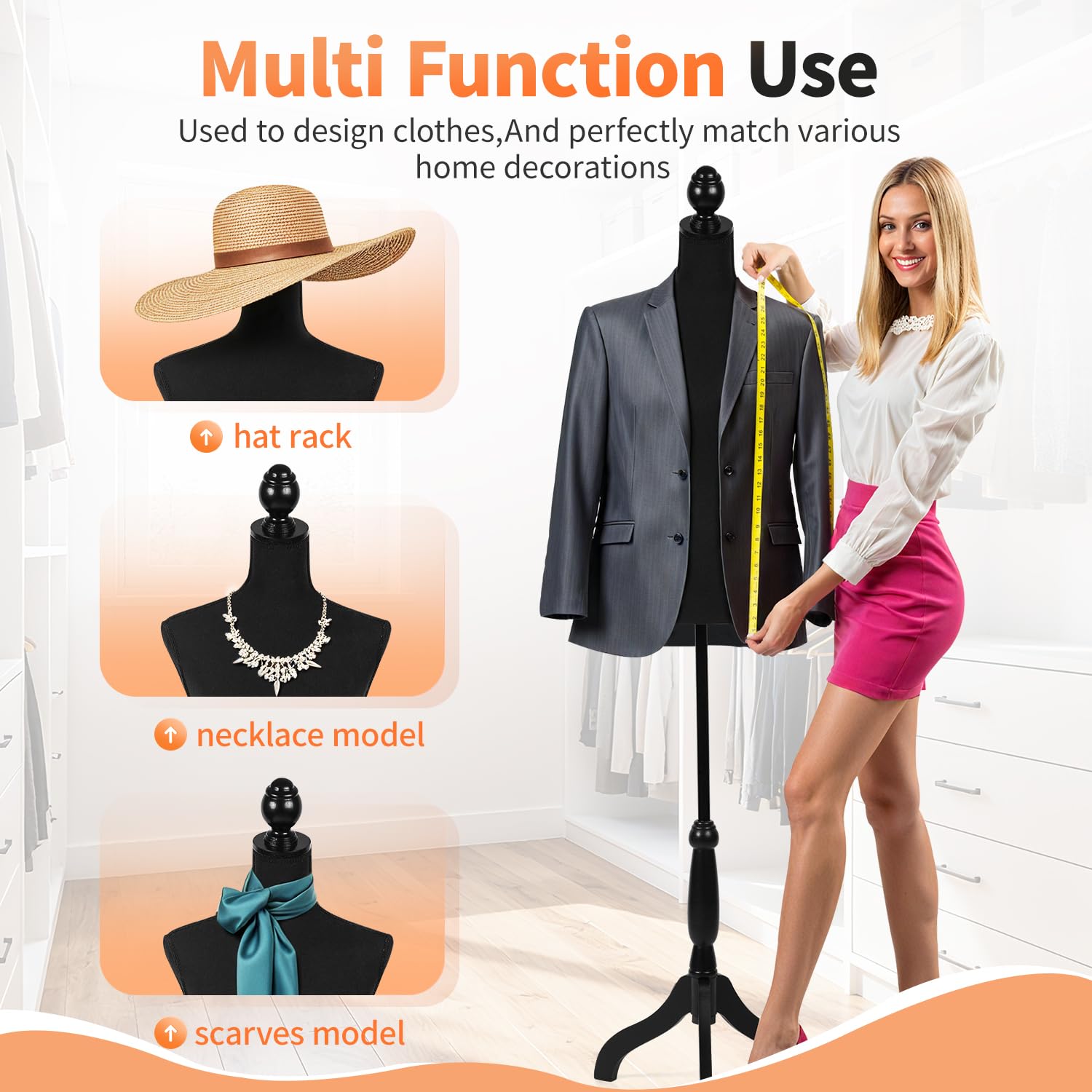 FDW Manikin 60”-67”Height Adjustable Female Dress Model Display Torso Body Tripod Stand Clothing Forms (Black)