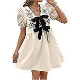 MakeMeChic Women's Floral Embroidery V Neck Dress Bow Puff Sleeve Summer Short Dresses