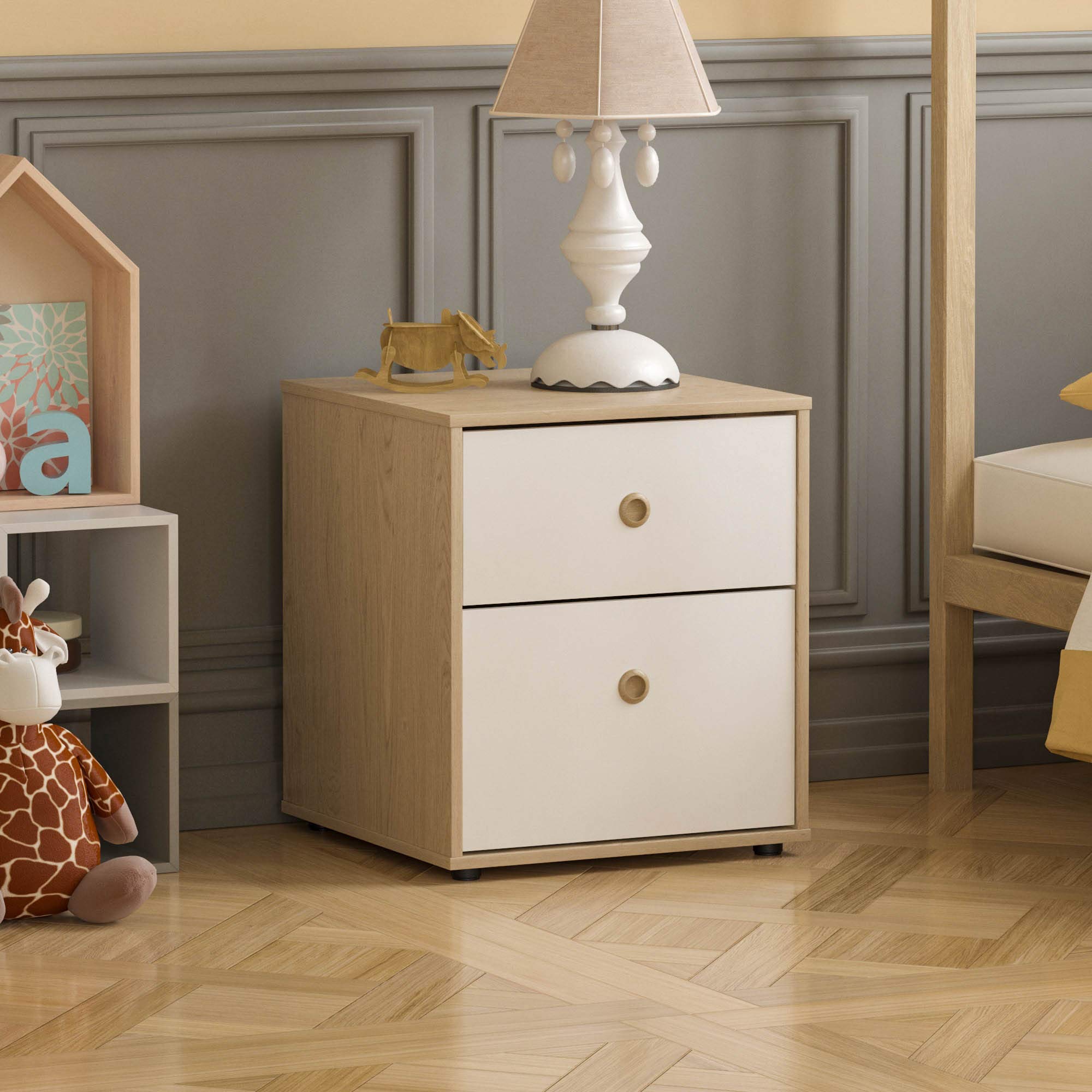 Junior Vida Neptune 2 Drawer Bedside Table Cabinet Chest of Drawers Bedroom Storage Children's Kids Furniture (White & Oak)