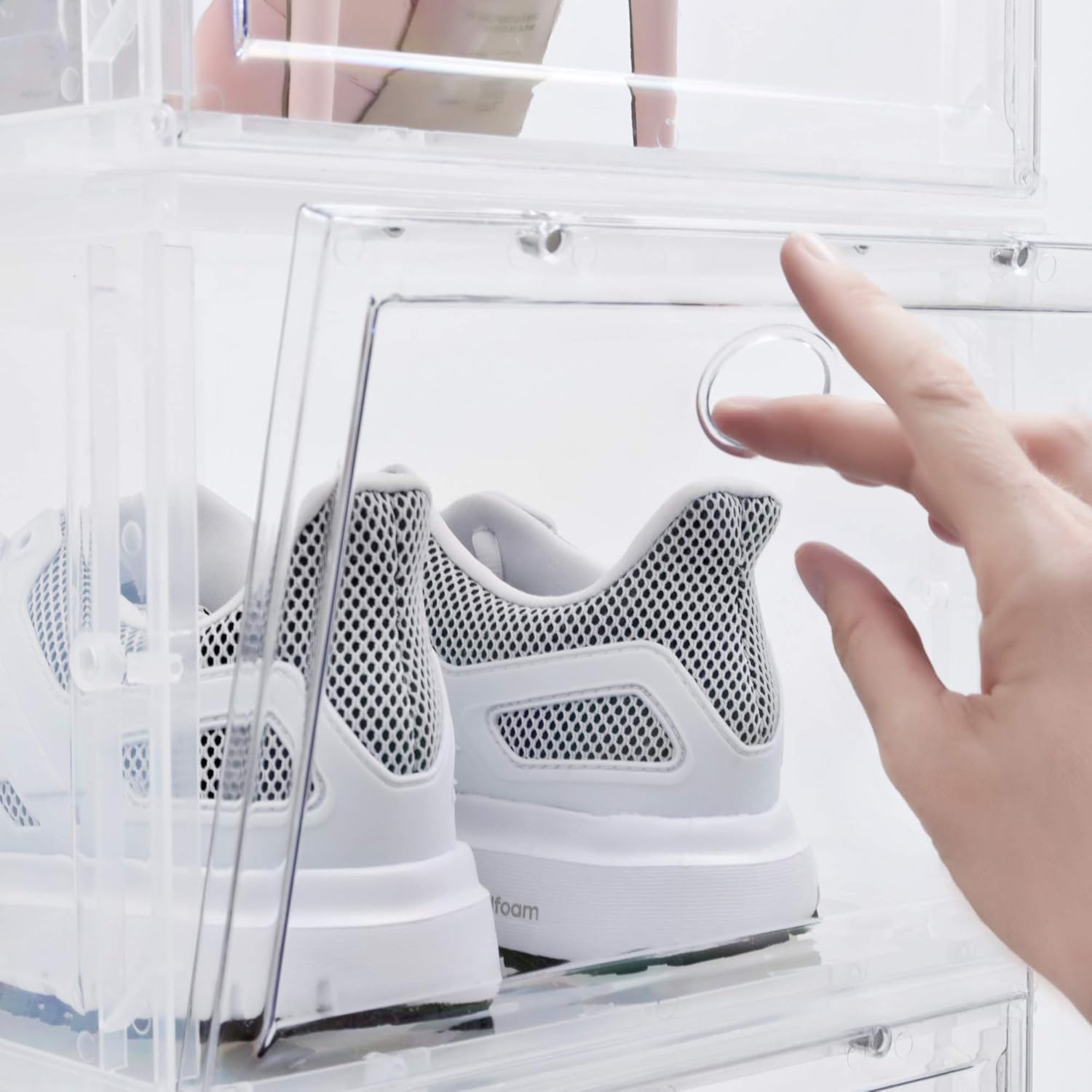 Drop Front Shoe Box, Set of 4, Stackable, for Men and Women - Clear, Plastic Shoes Storage Boxes for Sneaker, Heel, Sandal - space-saving closet organizer Shoe Container for shoe box organization: Home Improvement
