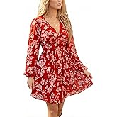 CUPSHE Women's Fall Boho Floral Mini Dresses Long Sleeve Wedding Guest Dress V Neck Flowy Smocked Lined Short Dress