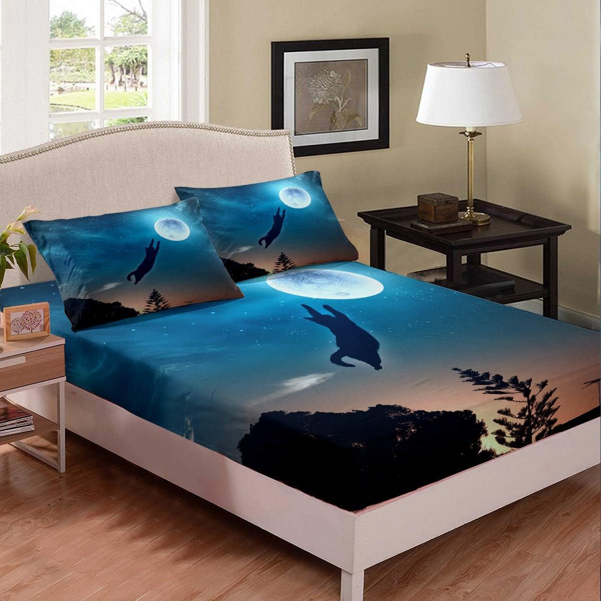 Night Moon Bed Sheet Set for Kids Cat Flying to The Moon