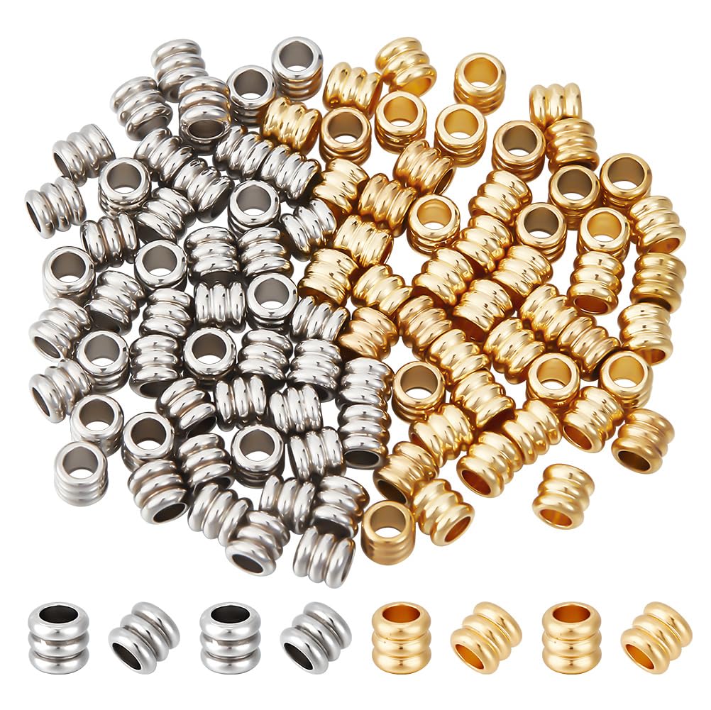 UNICRAFTALE About 100Pcs 2 Colors Paracord Bead Stainless Steel Lanyard Bead Grooved Loose Beads 4.5-5mm Diameter Metal Column Jewelry Spacer Beads Hole 3mm for Necklace Bracelet Jewelry Making