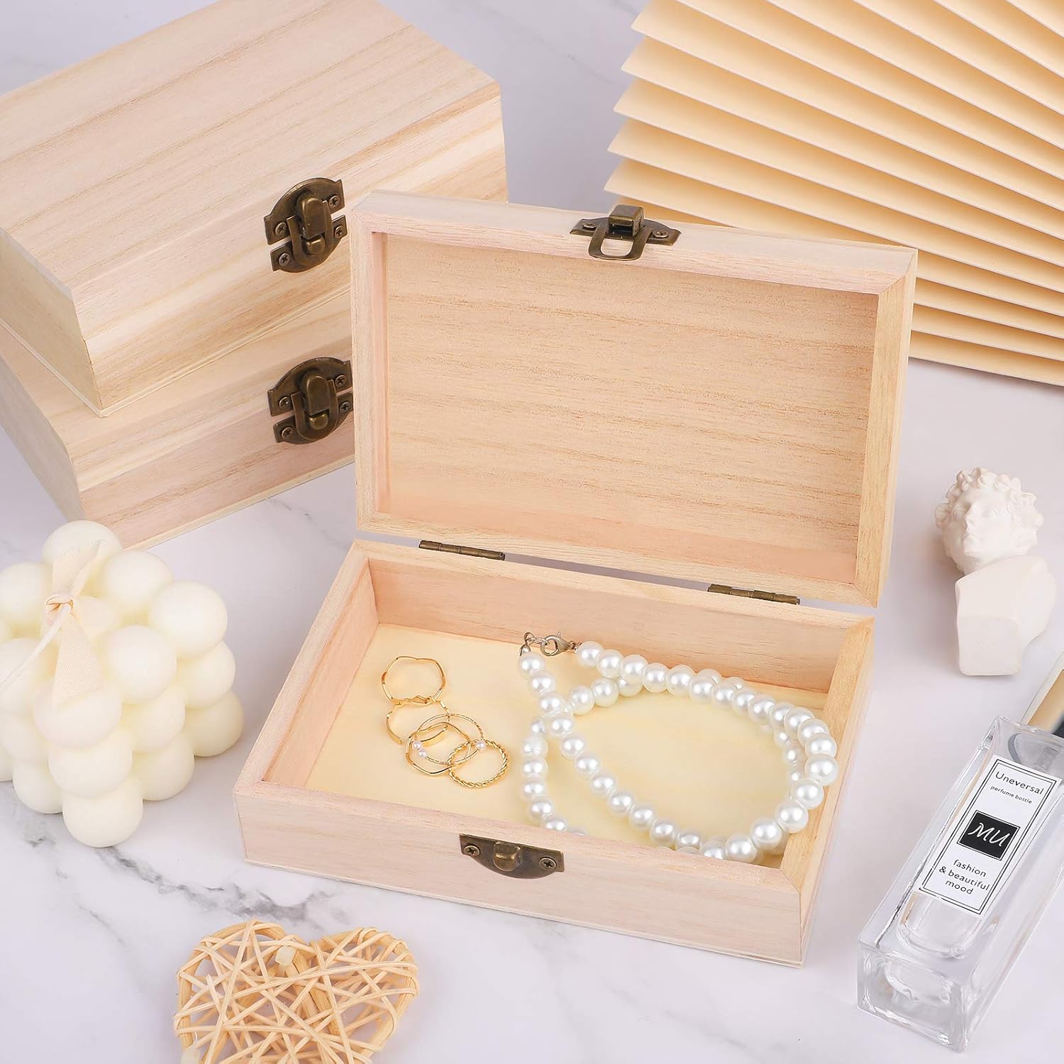 ADXCO 4 Pieces Unfinished Pine Wood Box with Hinged Lid Treasure Boxes with Locking Clasp Treasure Chest Decorate Wooden Boxes for DIY Crafting Gift Storage Box, 5.9 x 3.9 x 2 Inches