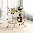 LORMITER Gold Bar Carts for The Home Bar Serving Cart, Rolling Bar Cart Gold with Lockable Caster Wheels, Glass Bar Carts with 2 Mirrored Shelves, Storage Round Wine Carts for Kitchen, Party