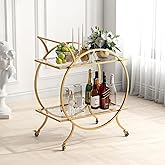 LORMITER Gold Bar Carts for The Home Bar Serving Cart, Rolling Bar Cart Gold with Lockable Caster Wheels, Glass Bar Carts wit