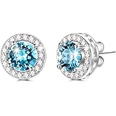 AOBOCO Sterling Silver Halo Earrings with 12 Birthstone Austrian Crystals, Hypoallergenic Stud Earrings for Women, Perfect for Anniversary Birthday Wedding Christmas, Beautiful Jewelry Gift for Her