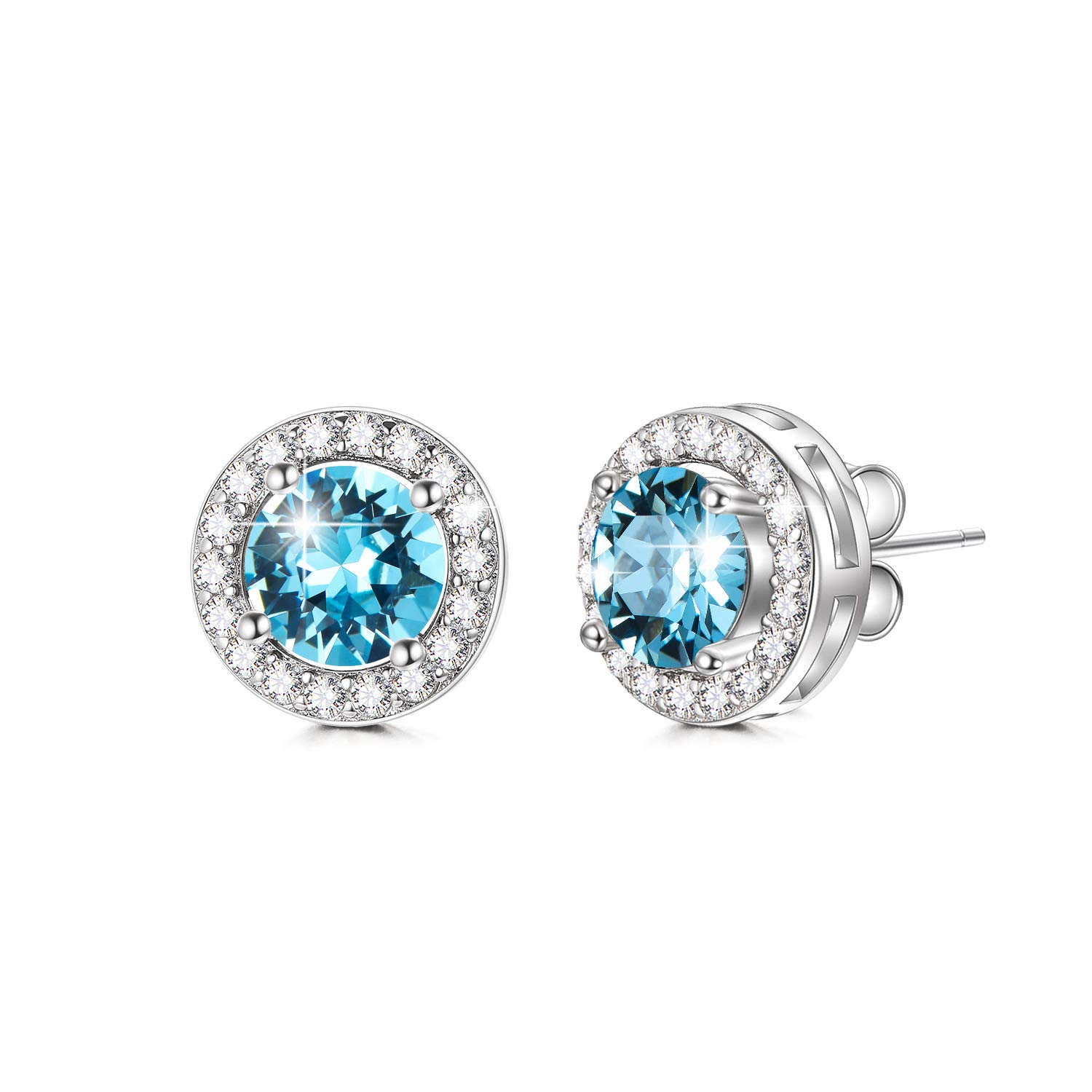 Hypoallergenic Sterling Silver Simulated Diamond Stud Earrings with Birthstone Crystals,10 mm Cubic Zirconia Birthstone Stud Earrings for Women Girls (12-December-Created Swiss Blue Topaz)