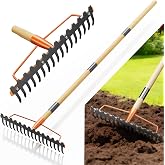 GlimHirVox Bow Rake Heavy Duty 17-Tine, 55" Wooden Handle Garden Rake | Quenched Manganese Steel, 4mm Thickened Tines, Triple-Welded Head, 3 Adjustable Lengths, for Soil Leveling Leaves Gravel