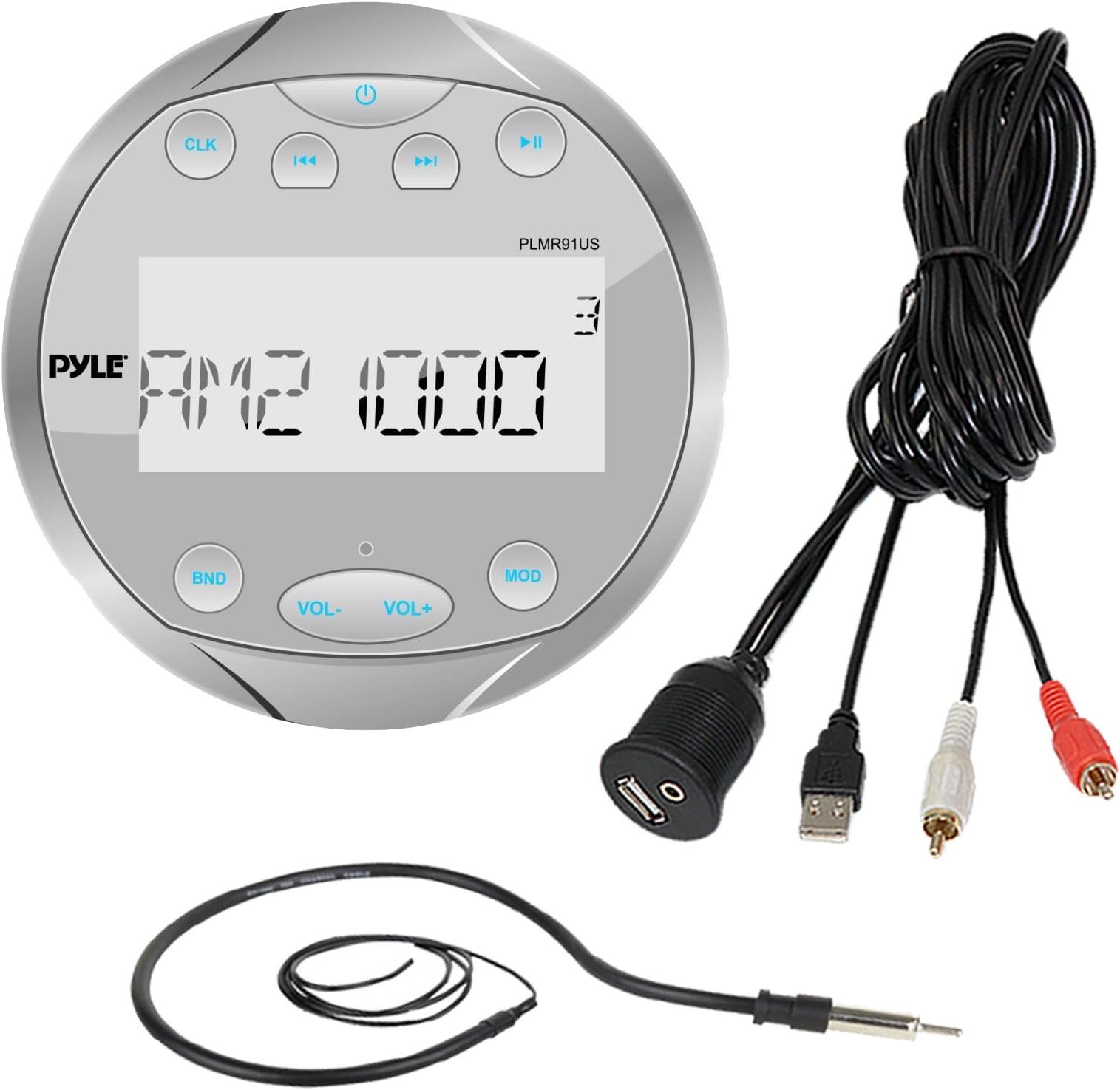 New Pyle Gauge Style Waterproof Bluetooth Marine Digital Media Stereo Receiver AM/FM Radio USB/MP3 & AUX Inputs Palyer With Boss Universal USB 3.5MM Auxiliary Interface Mount W/Enrock Marine Radio Antenna (Silver)