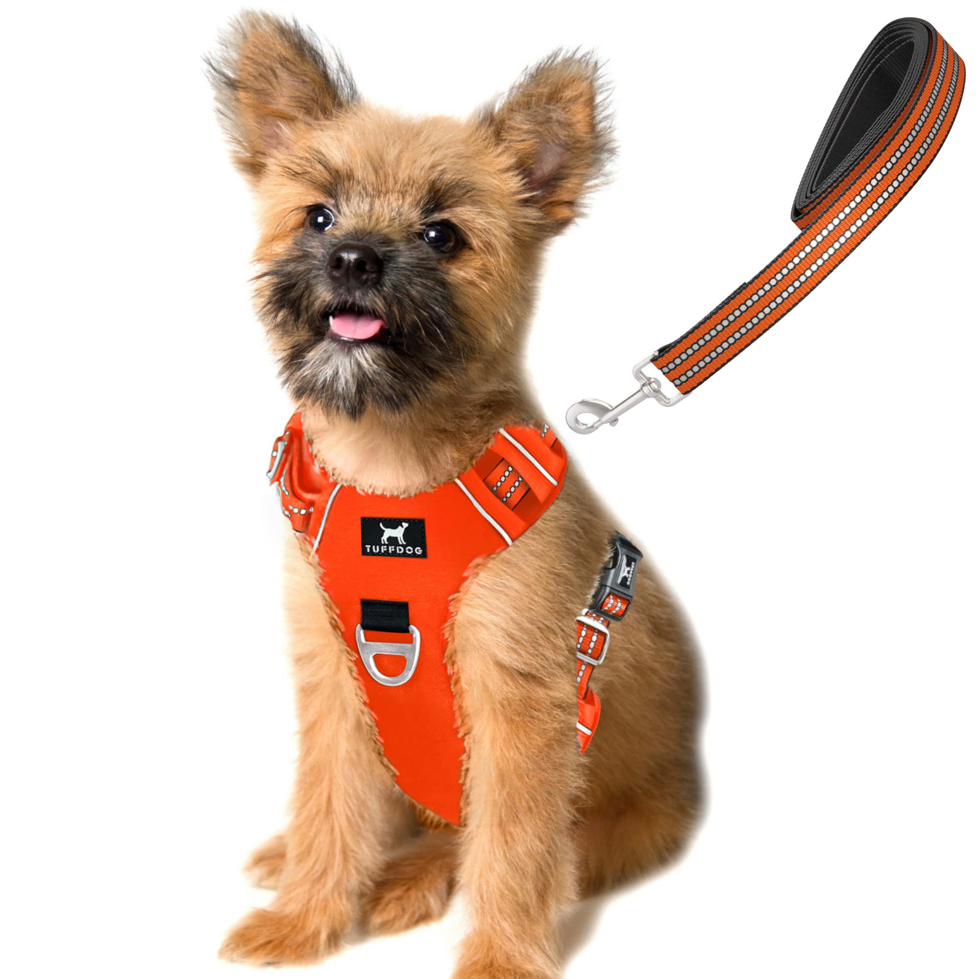 TUFFDOG Easy-Fit Dog Harness Small - Fast Release Neck Clip, Premium Padded Reflective No Pull Harness with Control Handle, Adjustable Step-in Dog Vest Plus Free Matching Lead (S, Blaze Orange)