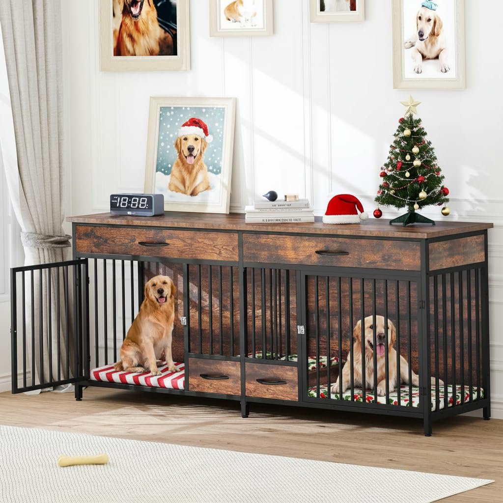 Photo 1 of ***MISSING ONE OF THE BOXES*** YITAHOME 91.3" Double Dog Crate Furniture with Dog Feeder, Heavy Duty Indoor Dog Kennel TV Stand with Drawers, Sturdy Dog Kennel with Divider for 2 Medium Large Dogs, Brown