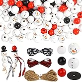FOIMAS 150pcs Christmas Snowman Wooden Beads,Winter Snowman Wood Loose Craft Beads with 65ft Jute Twine for DIY Christmas Craft Bead Garland Home Decoration Supply