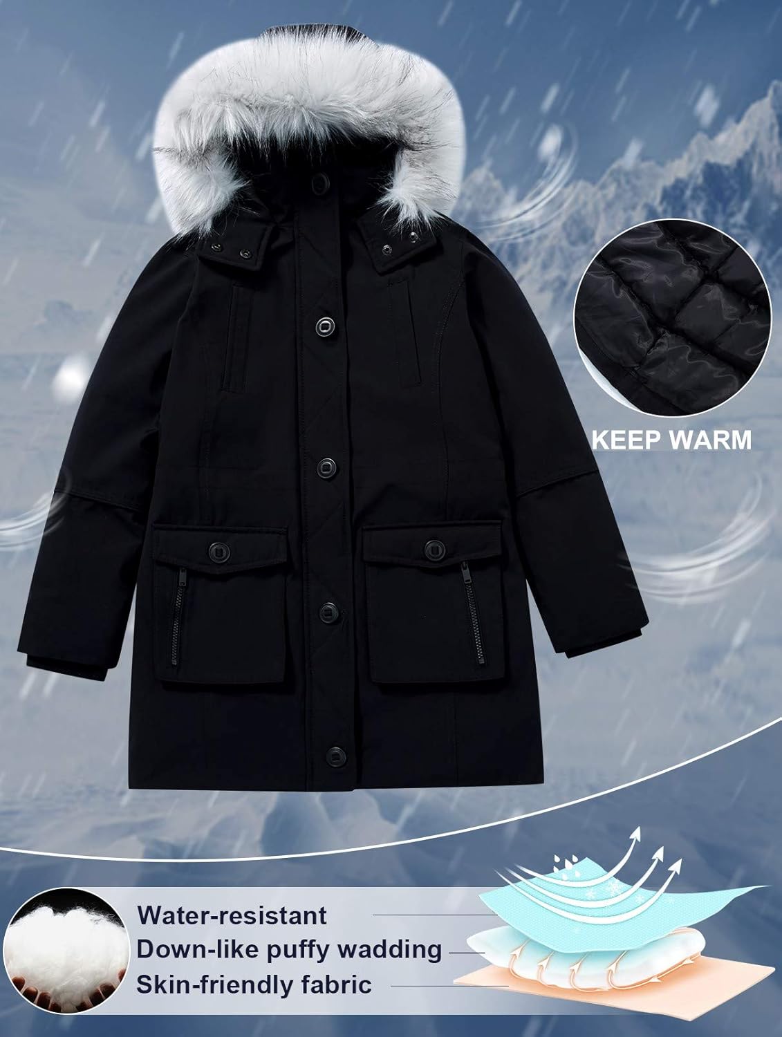 SOLOCOTE Girls Winter Coats Heavyweight Medium Length Warm Jacket with Removable Fur Collar Hooded 3-14Y: Clothing