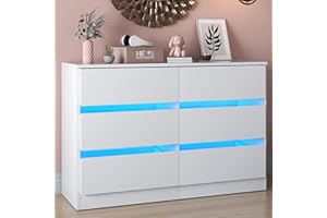 Gdvsclr 6 Drawer Double Dresser, Bedroom Dresser with Led Light, Wood Dresser for Nursery, Living Room, Hallway, Handless Design, 47.2''W×15.7''D×30.2''H (White)