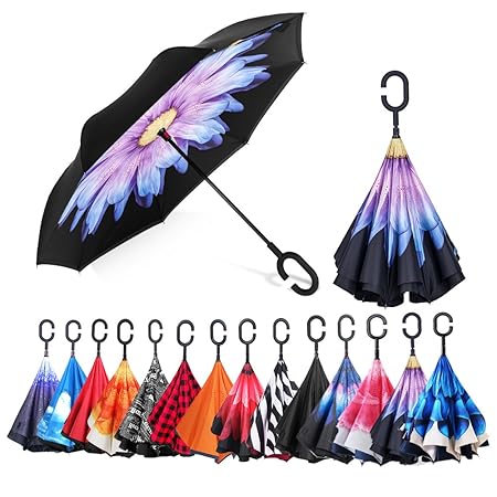 AmbrellaOK Premium Double Layer Reversible Umbrella by with Reverse Folding Design Hands Handle Lightweight & Windproof Ideal Gift for Men & Women (Purple Flower)