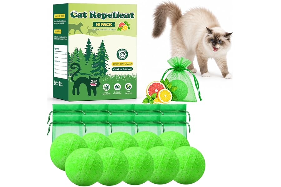 Cat Repellent Outdoor Keep Cats Away, Cat Deterrent Indoor and Outdoor | 10 Pack Cat Repellent Balls with Natural Peppermint Oil, Keep Cats Out of Yard,Lawn, Garden, Furniture, Mulch, Flower Beds