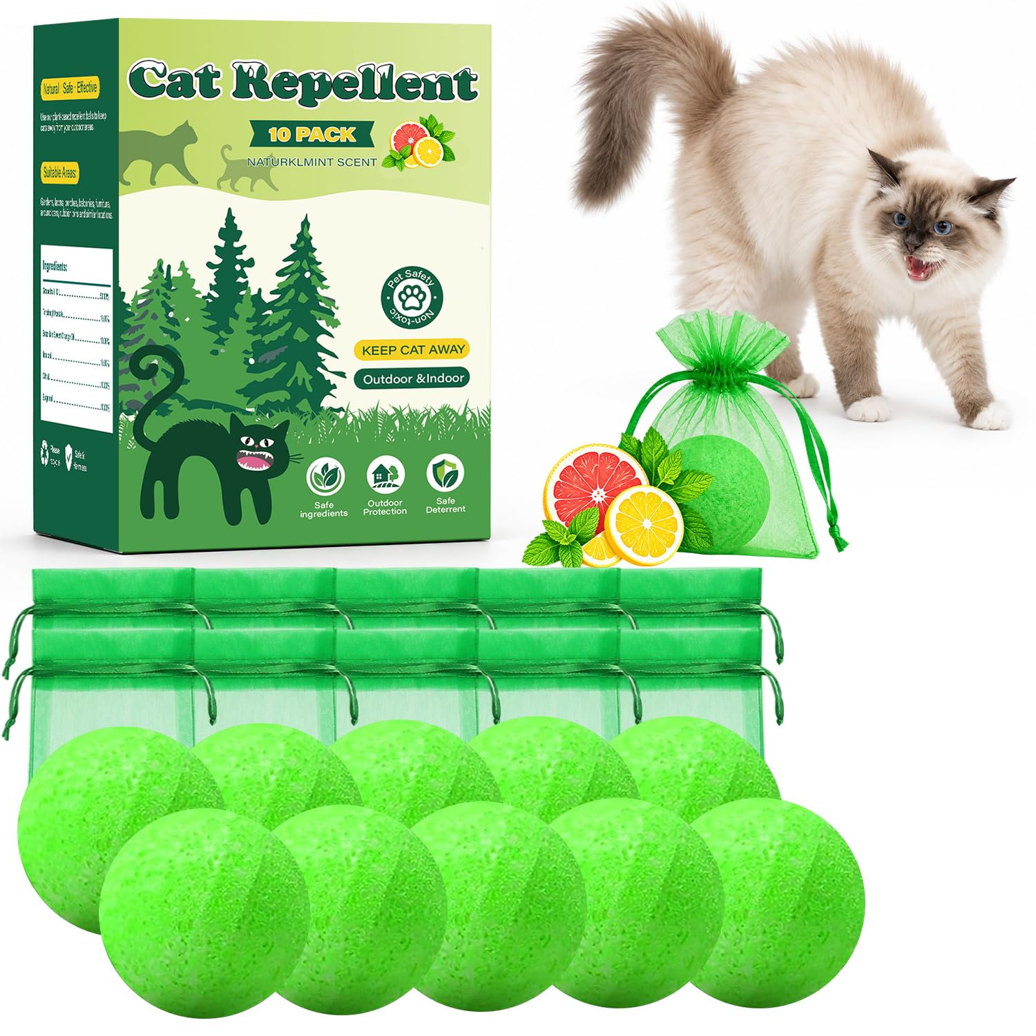 Cat Repellent Outdoor Keep Cats Away, Cat Deterrent Indoor and Outdoor 1 | 10 Pack Cat Repellent Balls with Natural Peppermin
