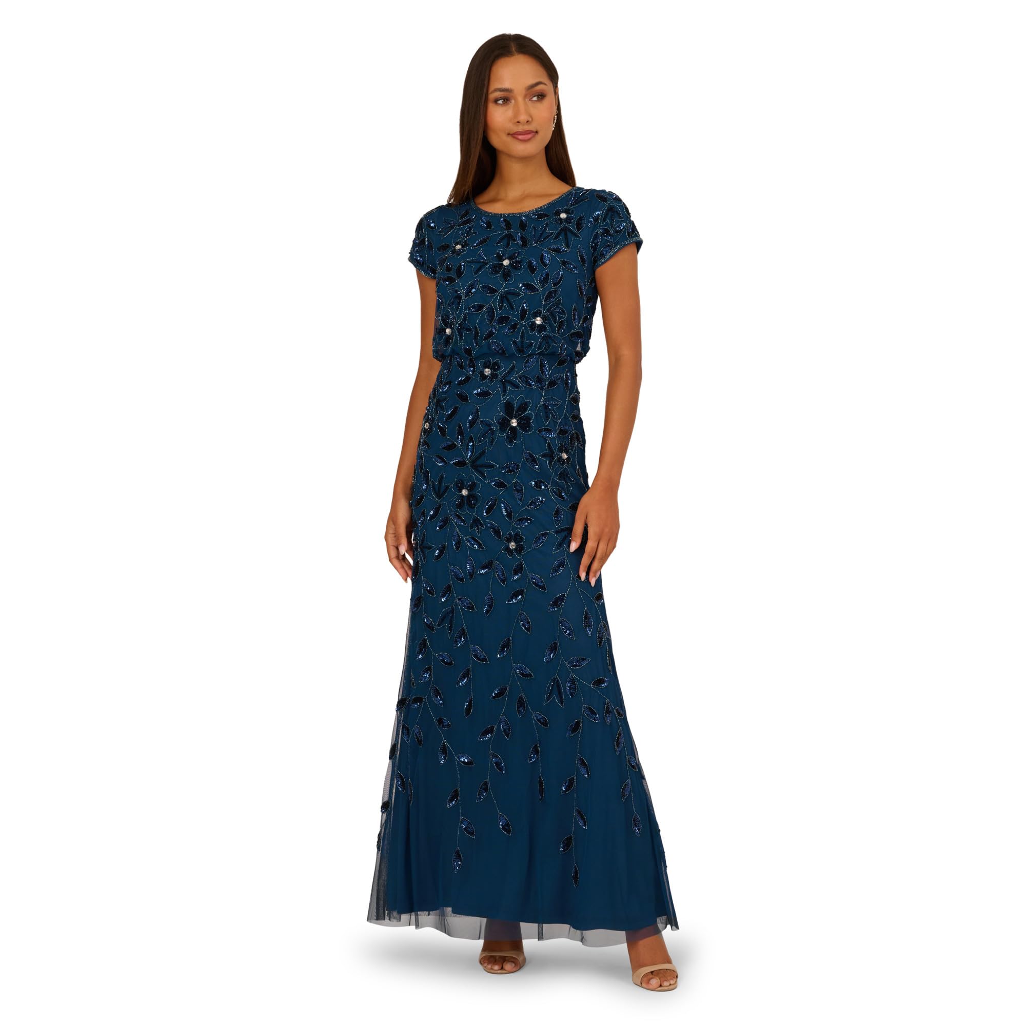 Adrianna Papell, Blouson Beaded Long Dress, Blue Multi, 6