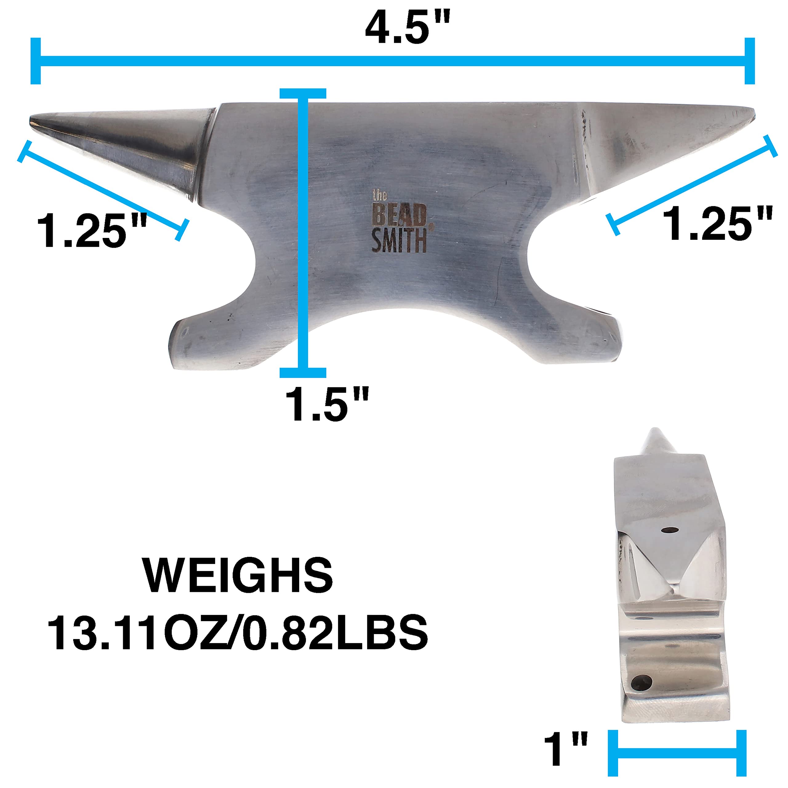 The Beadsmith Dual-Ended Horn Anvil – Mini Size 2.5 x 1 x 1.5 inches – 118mm Tip to Tip – 13.11oz/0.82lbs – Made of Solid Stainless Steel – Flat Horn and Rounded Horn – Use for Hardening Wire Designs