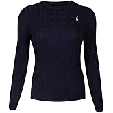 Ralph Lauren Polo Womens Cable Knit Crew Neck Sweater (Small, Hunter Navy/White Pony)