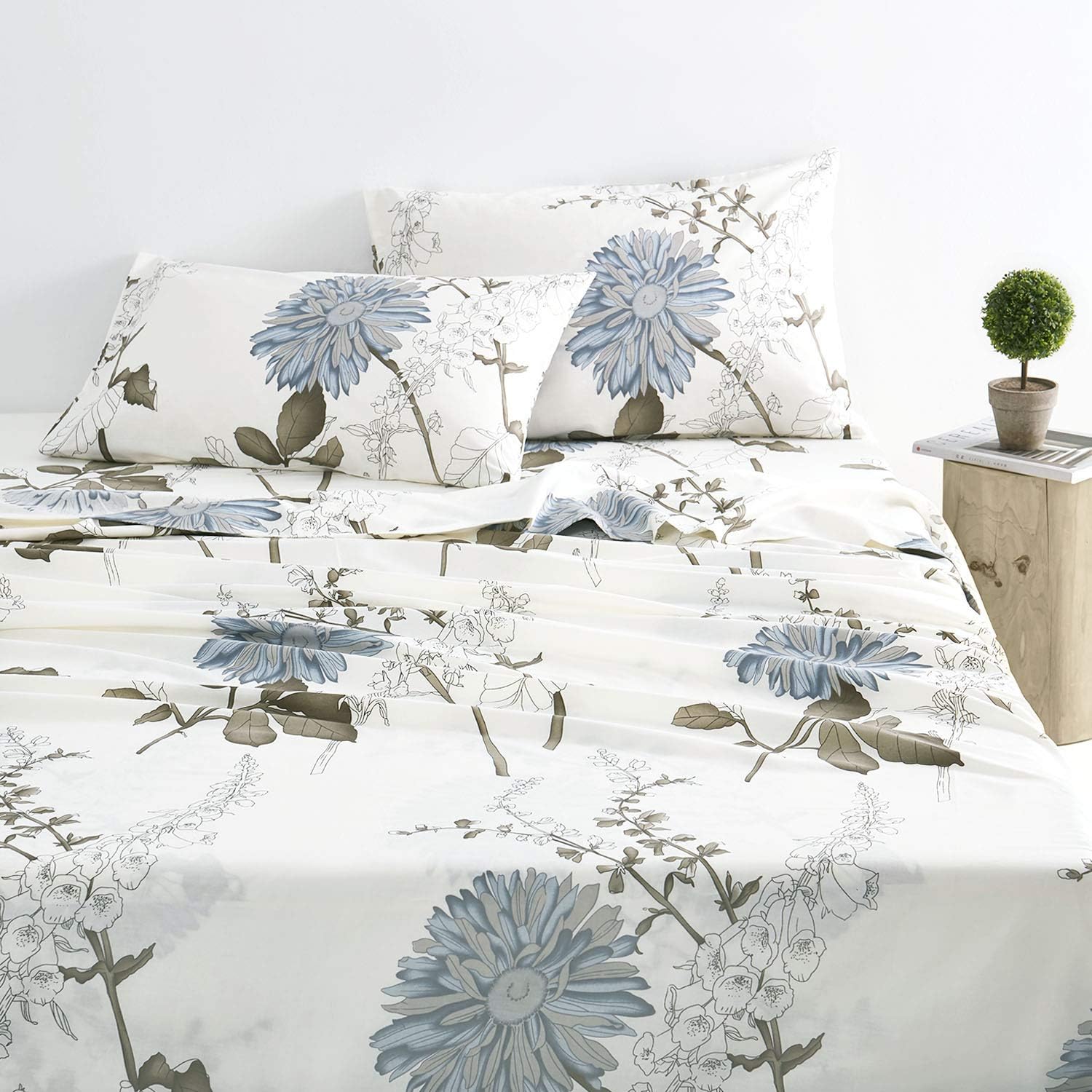 Wake In Cloud - Floral Sheet Set, Botanical Flowers Pattern Printed, Soft Microfiber Bedding (4pcs, Queen Size): Home & Kitchen