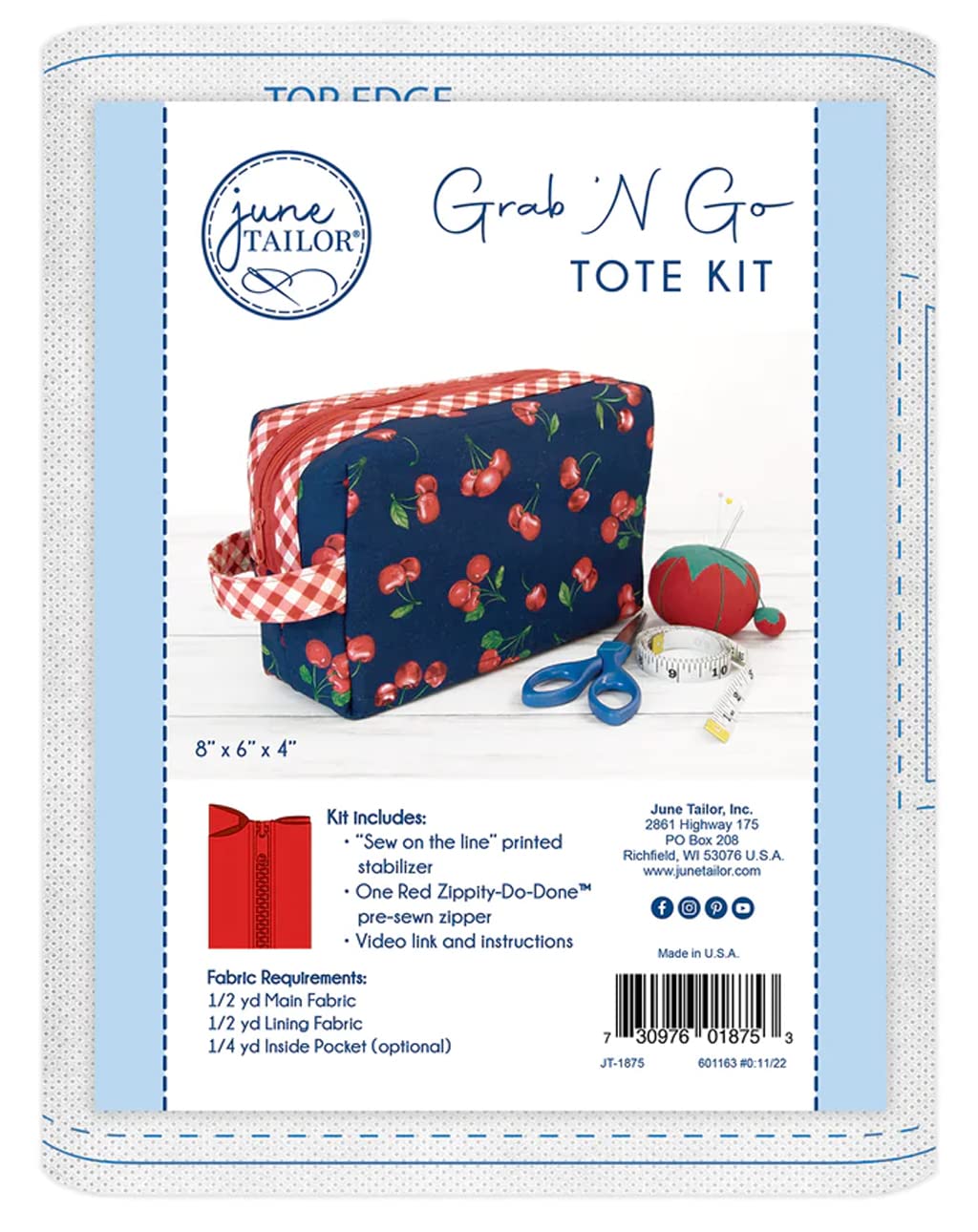 TGC Grab N Go Tote Kit - JT-1875 - Quilt As You Go 2023 Collection - Sewing Tool Set - Bag - Fabric - Includes Red Zippity-Do-Done Pre-Sewn Zipper, Sew on the line printed Stabilizer
