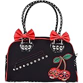 Lost Queen Cherry Bomb Skull Cherries Polka Dot Bow Handbag Rockabilly Black Red