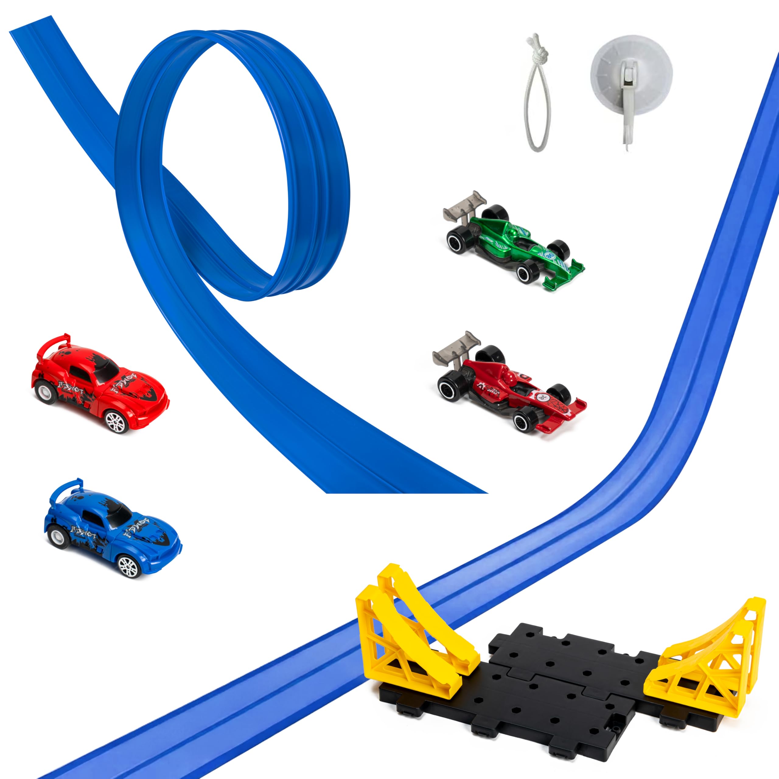 GROBRO7 Toy Car Flexible Track for Racing - 5M Two Lane Die-Cast Car Track with 4 Race Cars, Rolls Up Mounts on Doors, Walls, STEM Learning Toy for Kids, Tool-Free Indoor Play, Boys Girls Gift, Blue — image 1