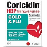 Coricidin HBP Cold and Flu Tablets, 10 Ct, Pack of 5 | Decongestant-Free Relief of Fever, Runny Nose, Sneezing, Body Aches &amp; Sore Throat Without Raising Blood Pressure