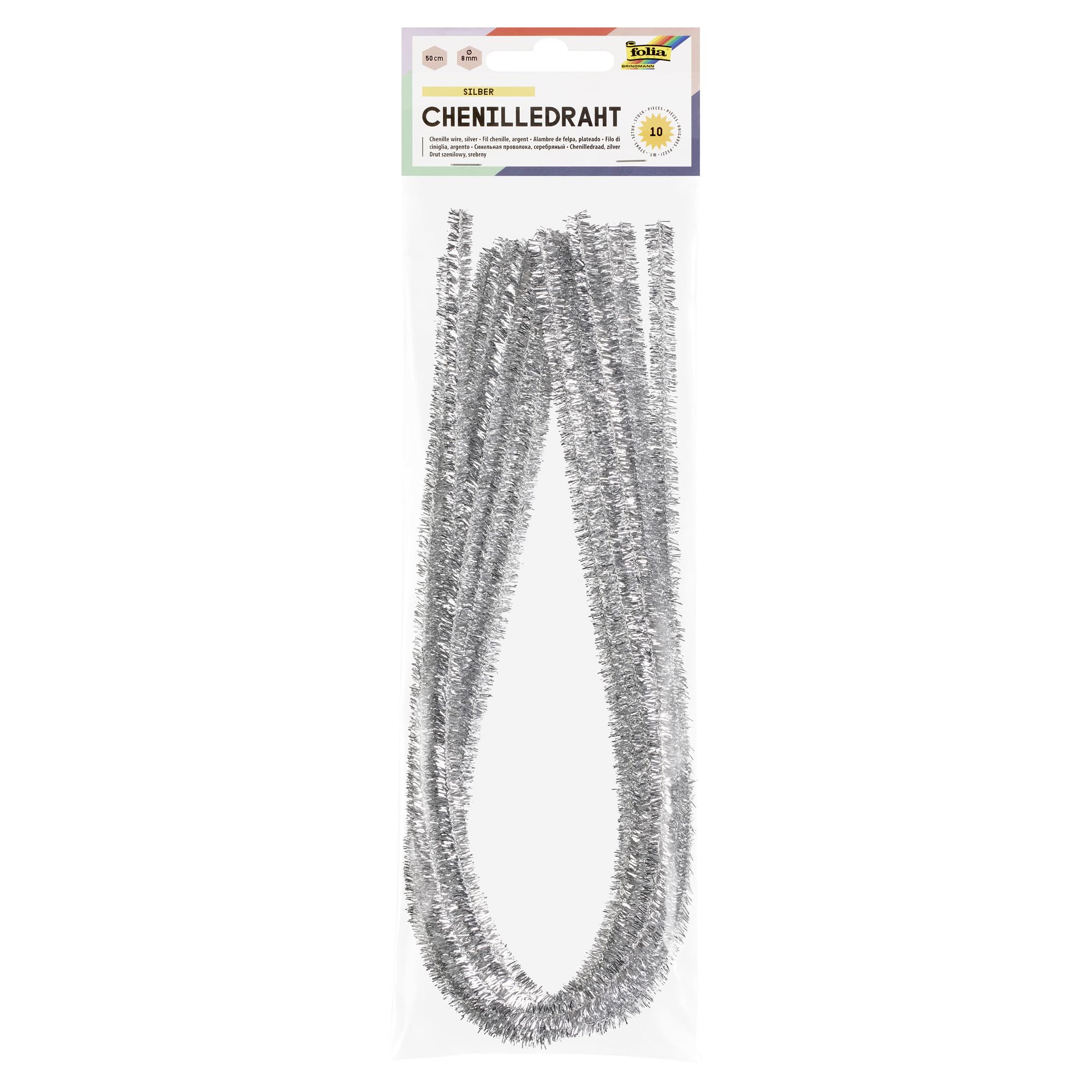 folia 77860 - Chenille Wire Pipe Cleaners, Pack of 10 in Silver, Diameter 8 mm and 50 cm Long, Ideal for Children for Crafts and Design Animals, Figures and Other Shapes