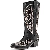 Athlefit Women's Square Toe Embroidery Western Mid Calf Cowboy Boots